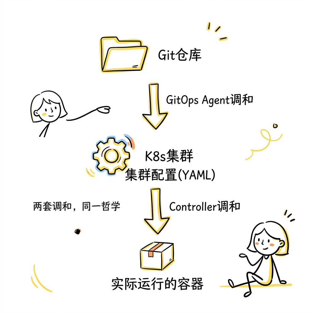 两层调和链路：Git → K8s 配置 → 实际容器